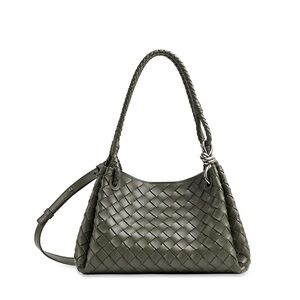 Bottega Veneta Parachute Intrecciato Leather Shoulder Bag Olive vintage Silver